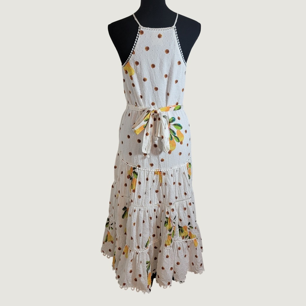 Farm Rio Women XS White Lemon Polka Dot Tiered Halter Maxi Dress Vacation Picnic - Picture 4 of 16